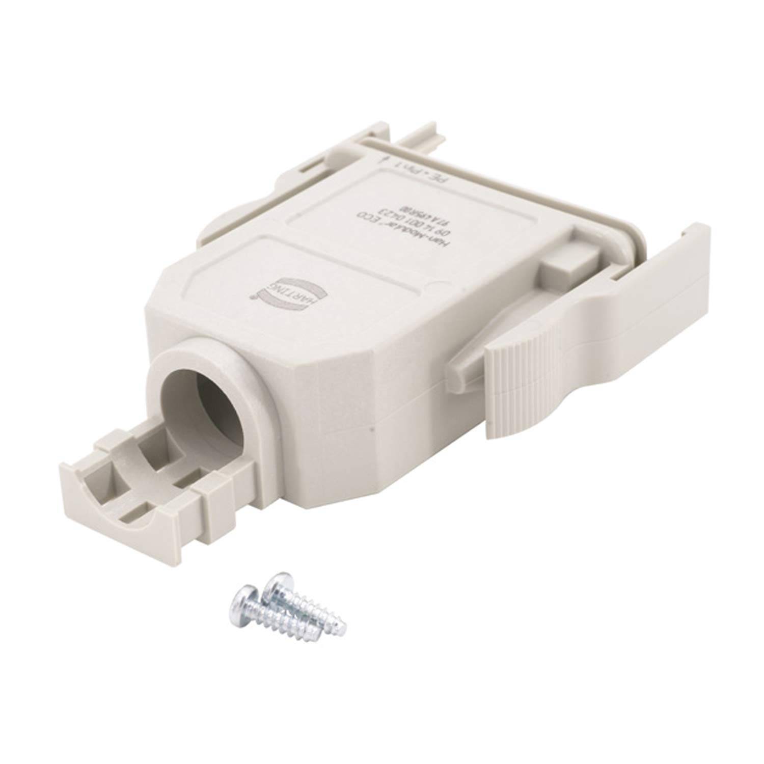 Eine beige Kabelschelle mit offenem Stecker und eine daneben platzierte Schraube, ausgelegt zum Befestigen von Kabeln in elektrischen Installationen.