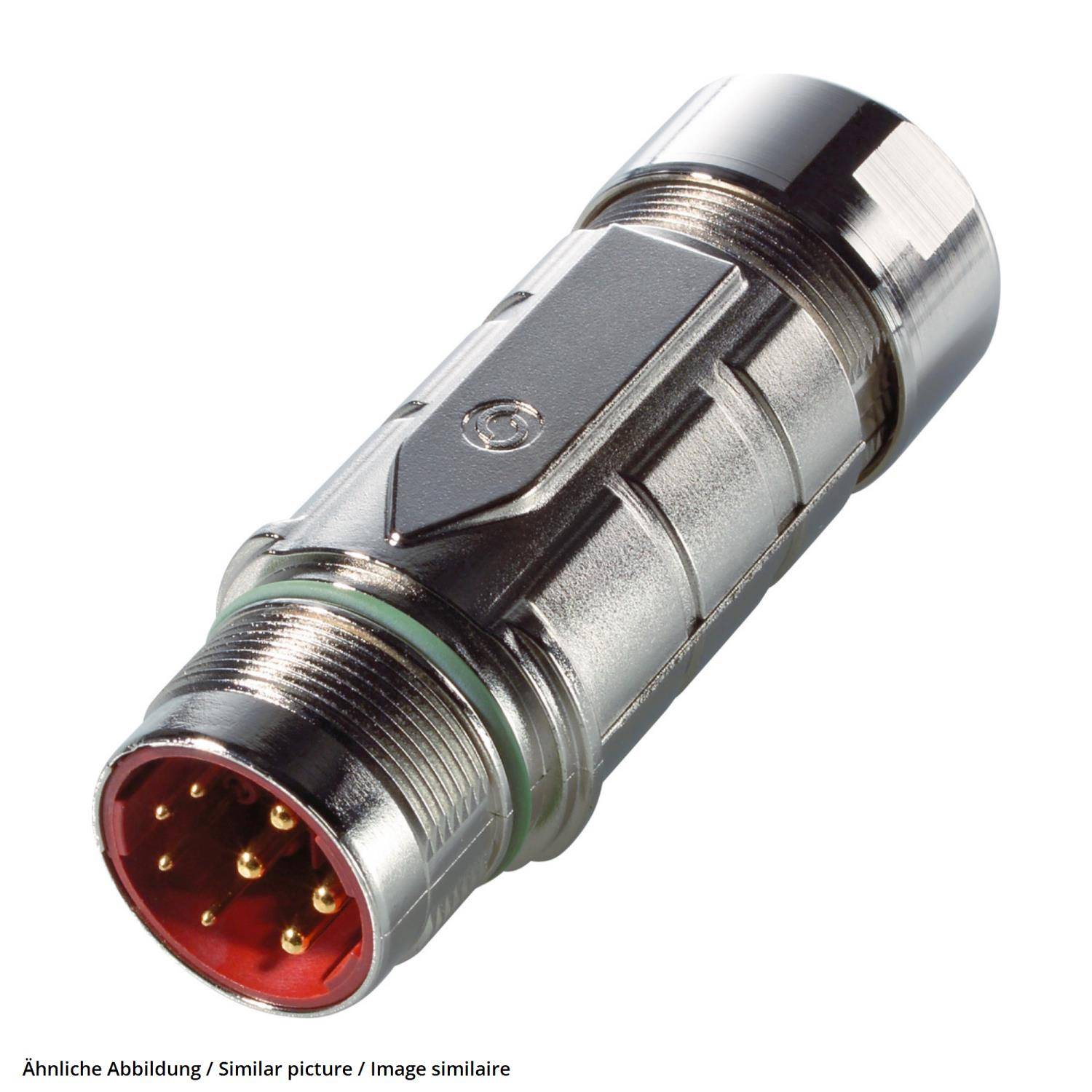 Metallischer kreisförmiger Elektroverbindungsstecker mit mehreren vergoldeten Stiften und einem gewindeten silbernen Gehäuse, dargestellt auf weißem Hintergrund.