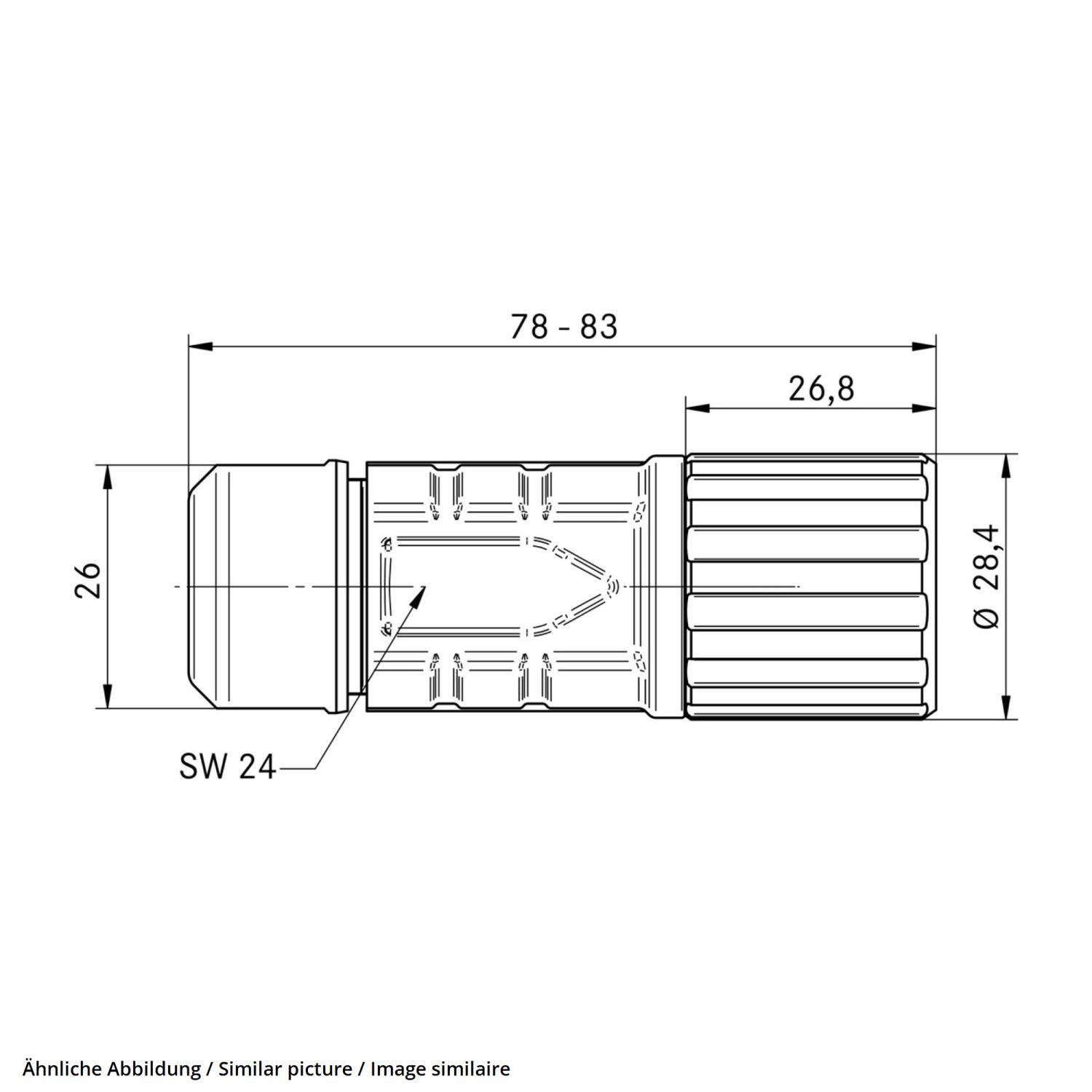 Technische Linienzeichnung eines zylindrischen Maschinenteils mit gerilltem Ende und Sechskantabschnitt, mit den Abmessungen 78–83, 26,8, Ø28,4, 26 und SW 24.
