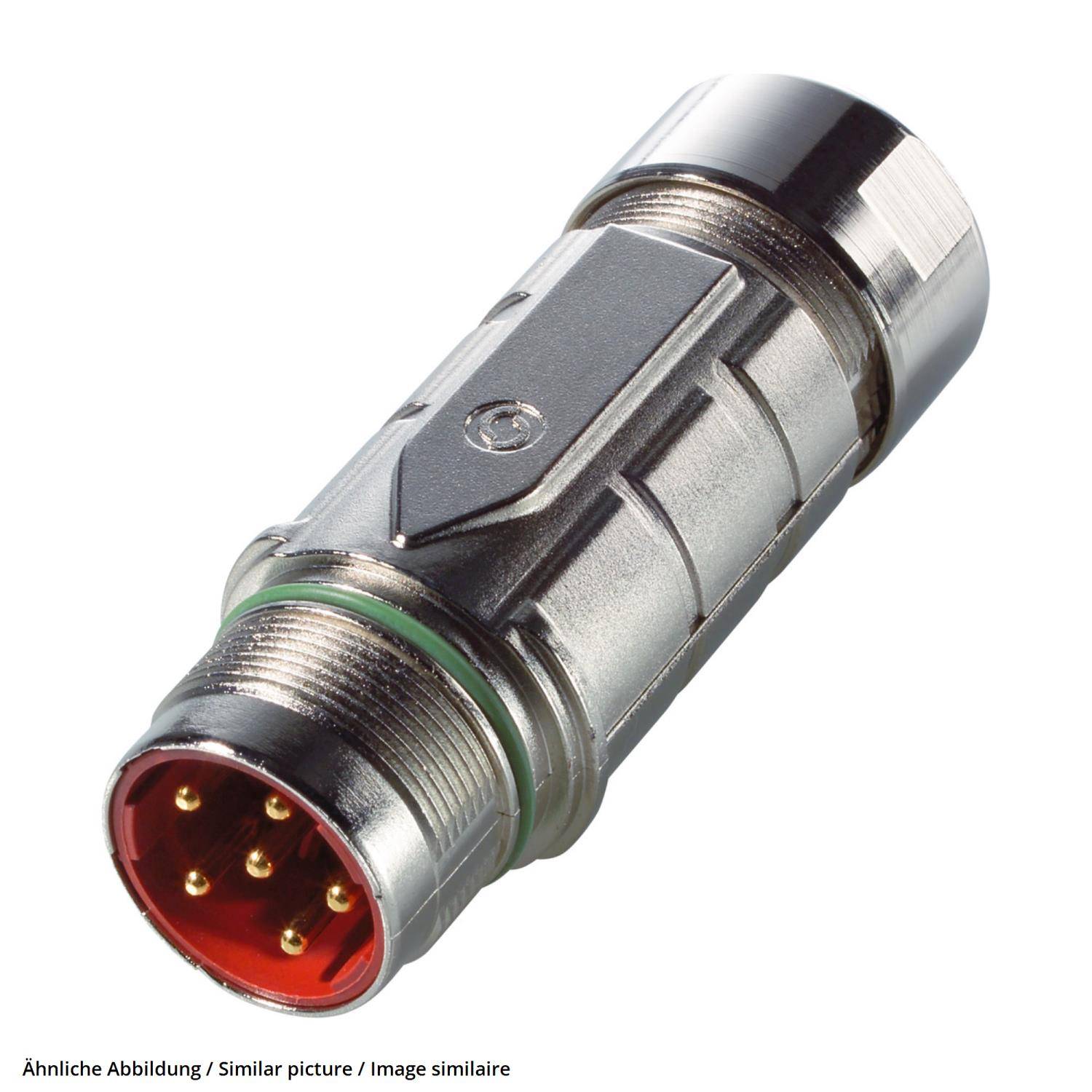 Metallischer kreisförmiger Audio-Stecker mit fünf goldenen Stiften auf weißem Hintergrund.