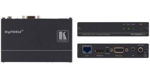 Schwarze DigiTools HDMI-Leitungssendeeinheit von vorne und hinten dargestellt, mit beschrifteten HDMI-, RS-232- und Stromanschlüssen.
