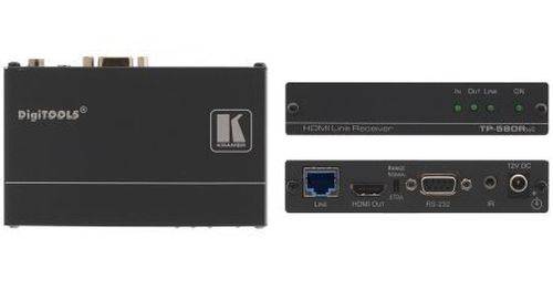 Schwarze DigiTools HDMI-Verlängerungseinheit von vorne und hinten gezeigt, mit sichtbaren HDMI-, Ethernet-, Seriell-, Audio- und 12V-Stromanschlüssen.