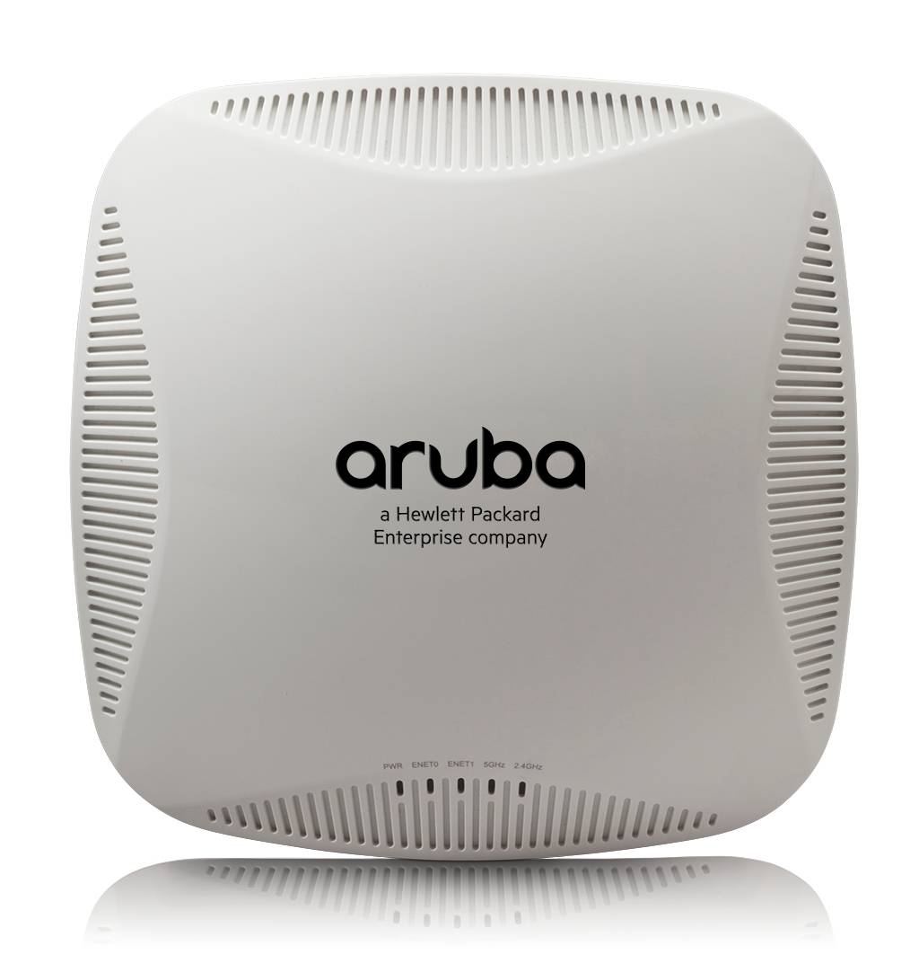Weißer Aruba-Wireless-Zugangspunkt mit Lüftungsöffnungen und Statusleuchten, mit den Markenzeichen „aruba