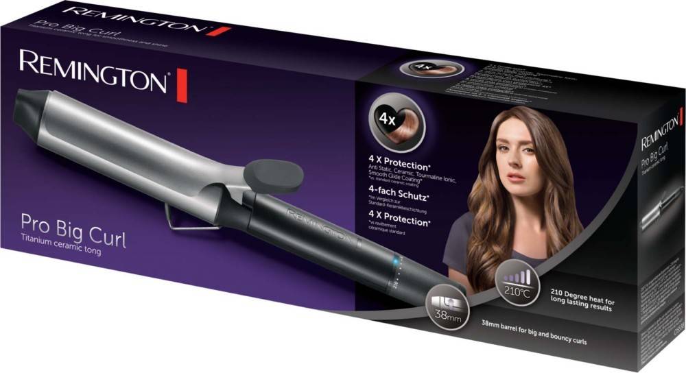 Remington Pro Big Curl Titanium-Keramik-Lockenstab im lila Karton, zeigt das Lockeneisen, das Modell und die Funktionshinweise.