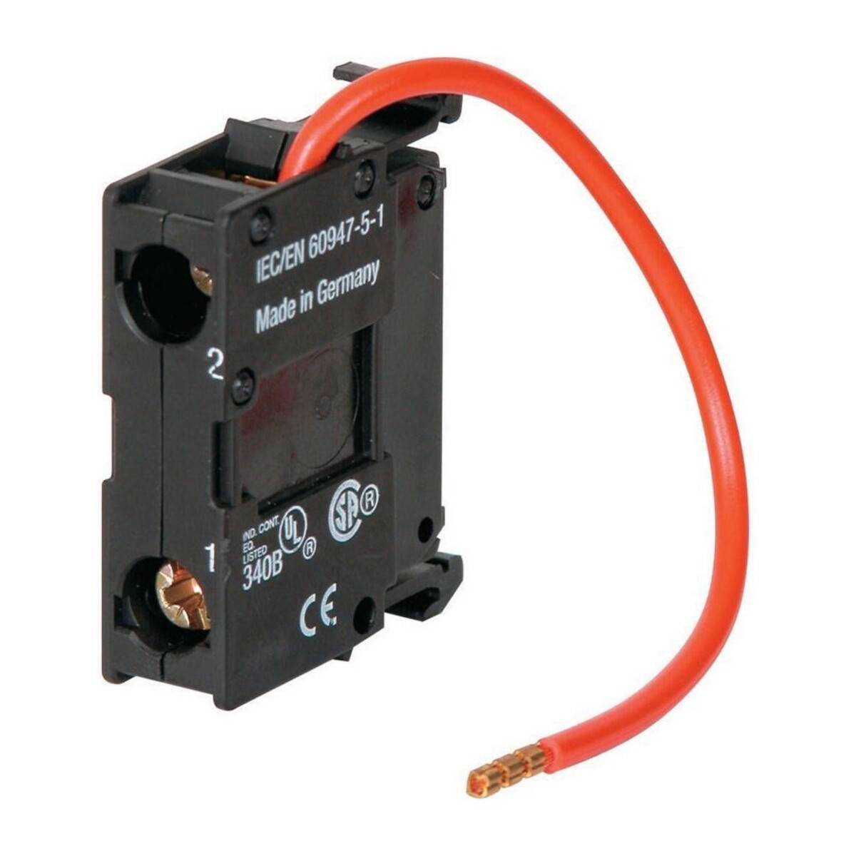 Schwarzes Elektroschaltermodul mit rotem Draht und Stecker, dargestellt auf weißem Hintergrund.