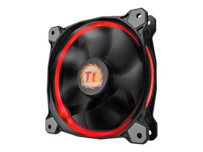 Schwarzer Computer-Kühlungslüfter mit rotem LED-Ring und Thermaltake-Logo auf der Nabe, Vorderansicht auf weißem Hintergrund.