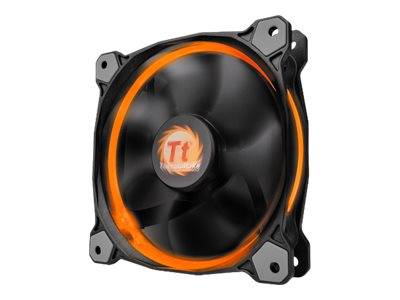 Schwarzer Computer-Kühlventilator mit orangefarbenem LED-Ring und vier Befestigungsecken auf weißem Hintergrund.