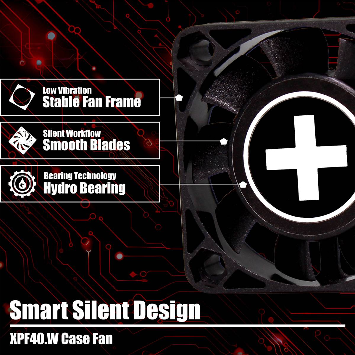 XPF40.W Gehäuselüfter mit 'Smart Silent Design', der einen stabilen Lüfterrahmen, glatte Rotorblätter für einen geräuscharmen Betrieb und ein Hydrogleitlager für geringe Vibration hervorhebt. Schwarzer Lüfter mit weißem Kreuz auf den Rotorblättern.
