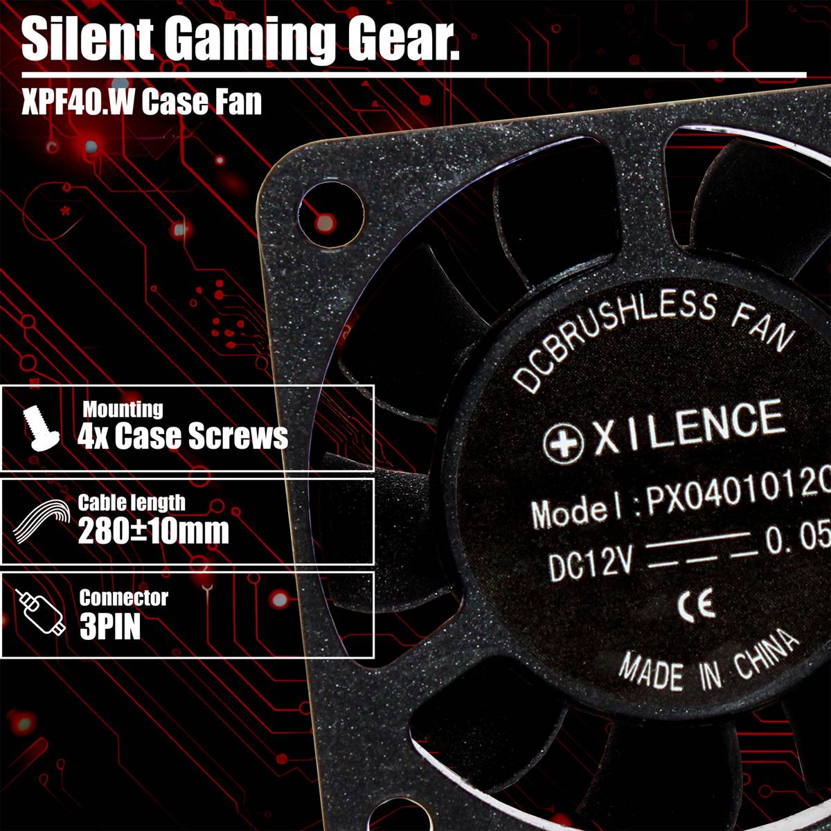 DC-Bürstenloser Lüfter' mit Modell XPF40.W120C. Zu den Merkmalen gehören geräuscharmes Gaming-Zubehör, 4 Befestigungsschrauben, Lüftergröße 40x40x10mm, 2800±10% Umdrehungen pro Minute, 3,1W Leistung.