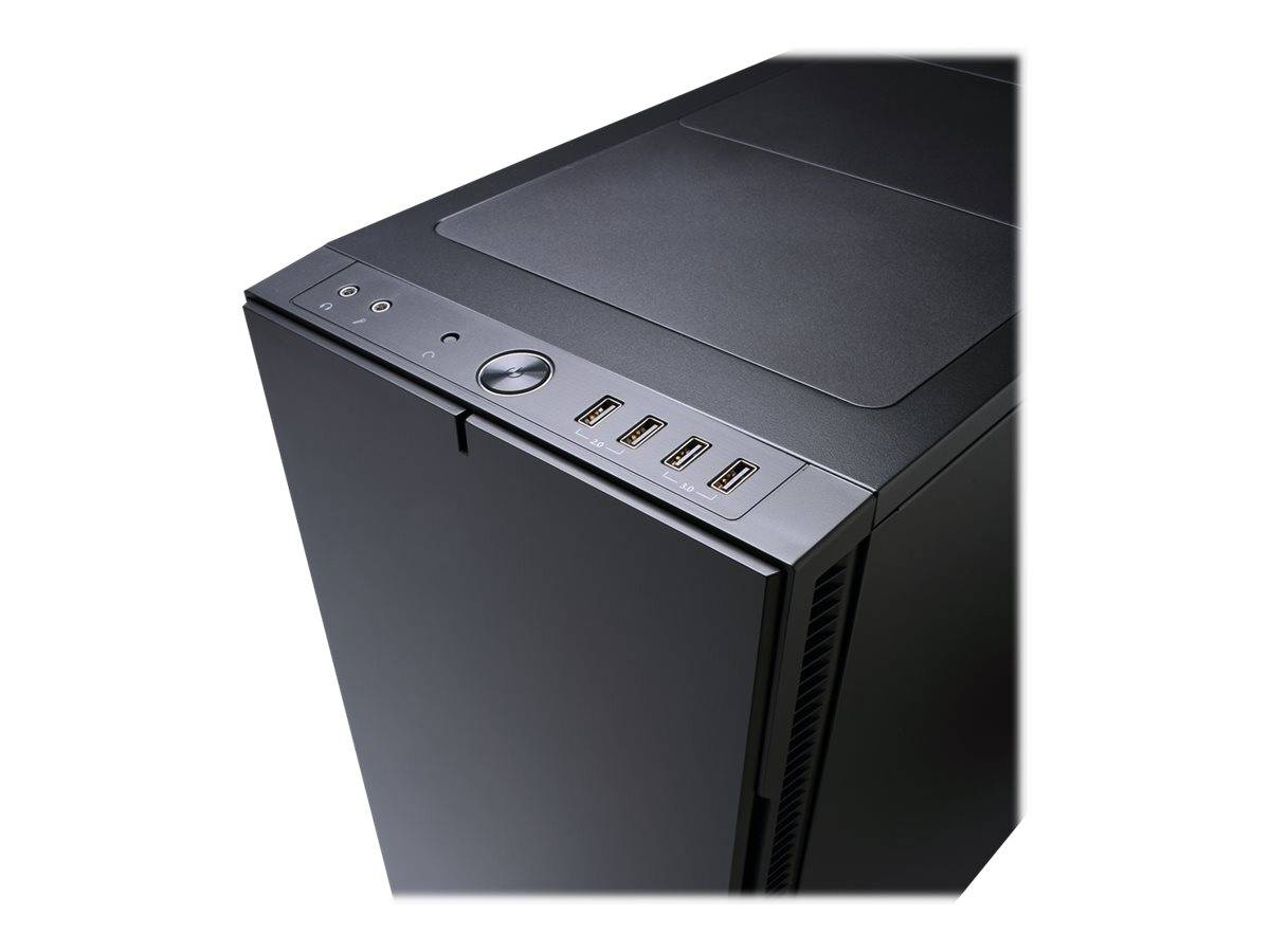 Schwarzer Desktop-Computer-Gehäuse von oben gezeigt, mit Frontplatte Netzschalter und vier USB-Anschlüssen.