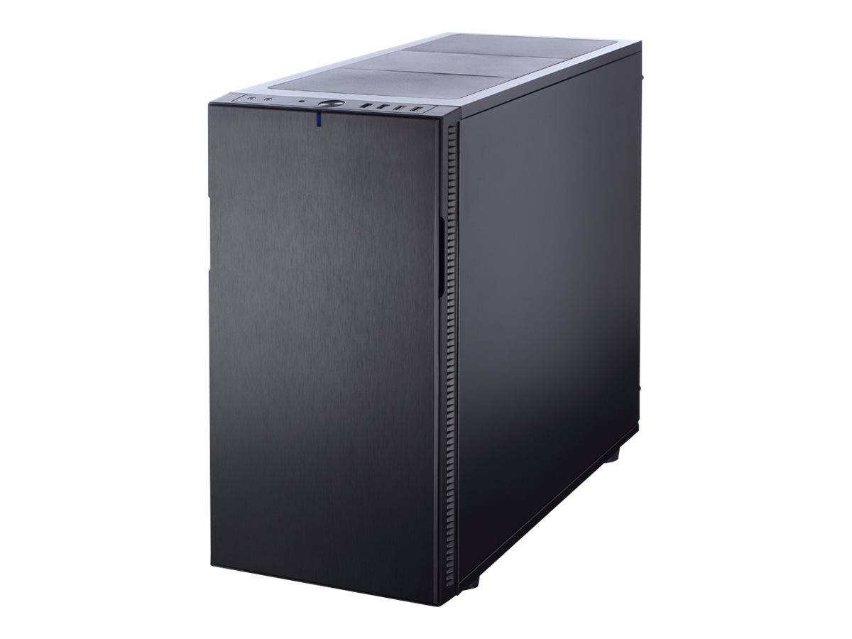 Schwarzer Computer-Server-Gehäuse in einer einfachen Studio-Produktansicht auf weißem Hintergrund.