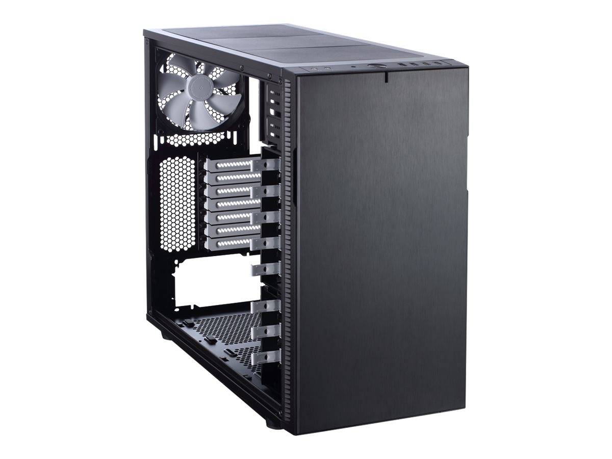 Schwarzes Computer-Tower-Gehäuse mit entferntem Seitenpaneel, das interne Laufwerkschächte, einen hinteren Lüfter und Erweiterungssteckplätze zeigt.