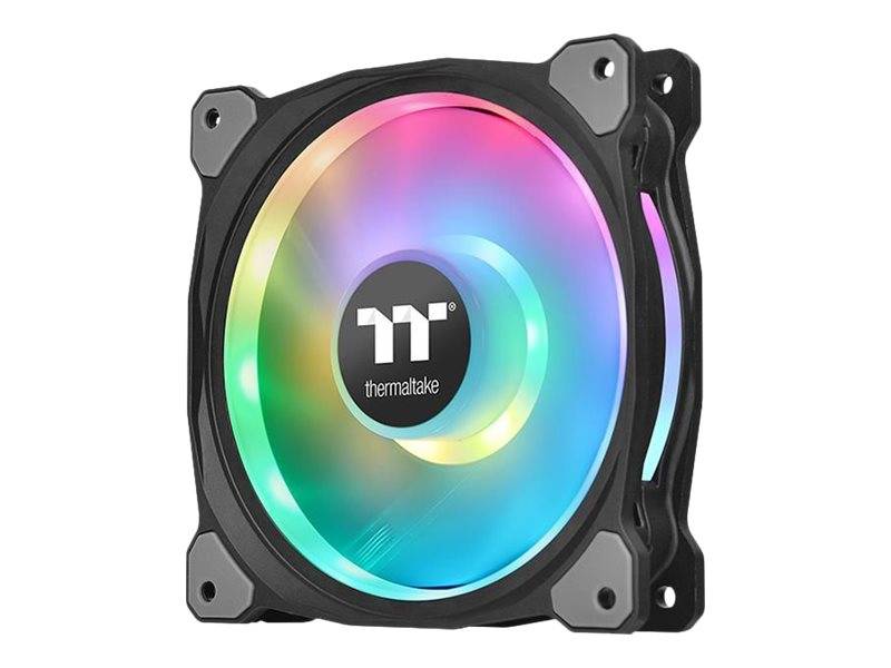 Thermaltake RGB-Gehäuselüfter mit leuchtendem Regenbogen-LED-Ring und schwarzem Rahmen auf weißem Hintergrund.