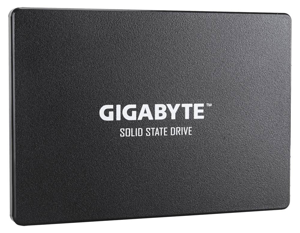 Schwarzes Gigabyte Solid-State-Drive mit zentriertem Logo auf einfachem Hintergrund