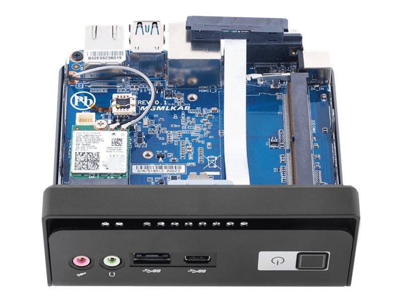 Vorderansicht eines Computerlaufwerk-Schachtmoduls mit blauer Leiterplatte, zwei USB-Anschlüssen, Audio-Buchsen, einem Kartensteckplatz und Power-/Reset-Tasten.