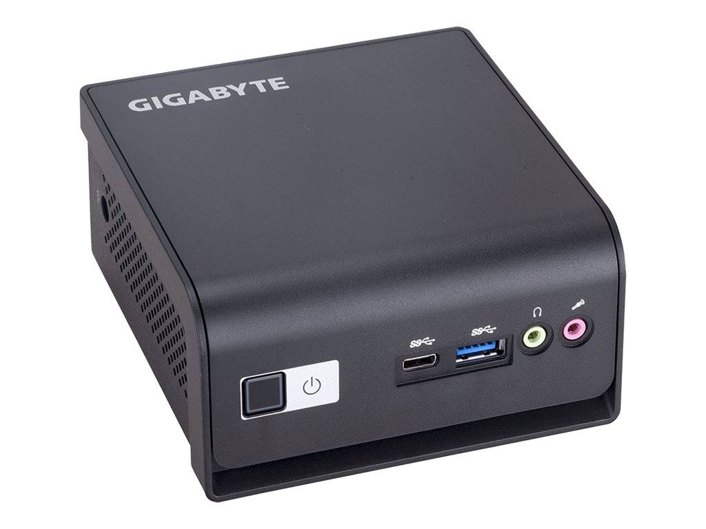 Kompakter Gigabyte Mini-PC mit Power-Taste an der Vorderseite, USB-C- und USB-A-Anschlüssen sowie Kopfhörer-/Mikrofon-Audiobuchsen.