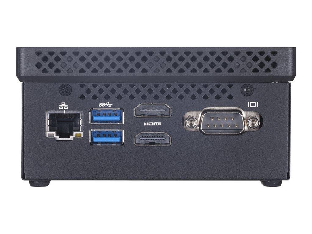 Rückansicht eines Mini-PCs mit Ethernet-, zwei USB-Anschlüssen, HDMI- und einem seriellen Anschluss auf einem schwarzen Gehäuse.
