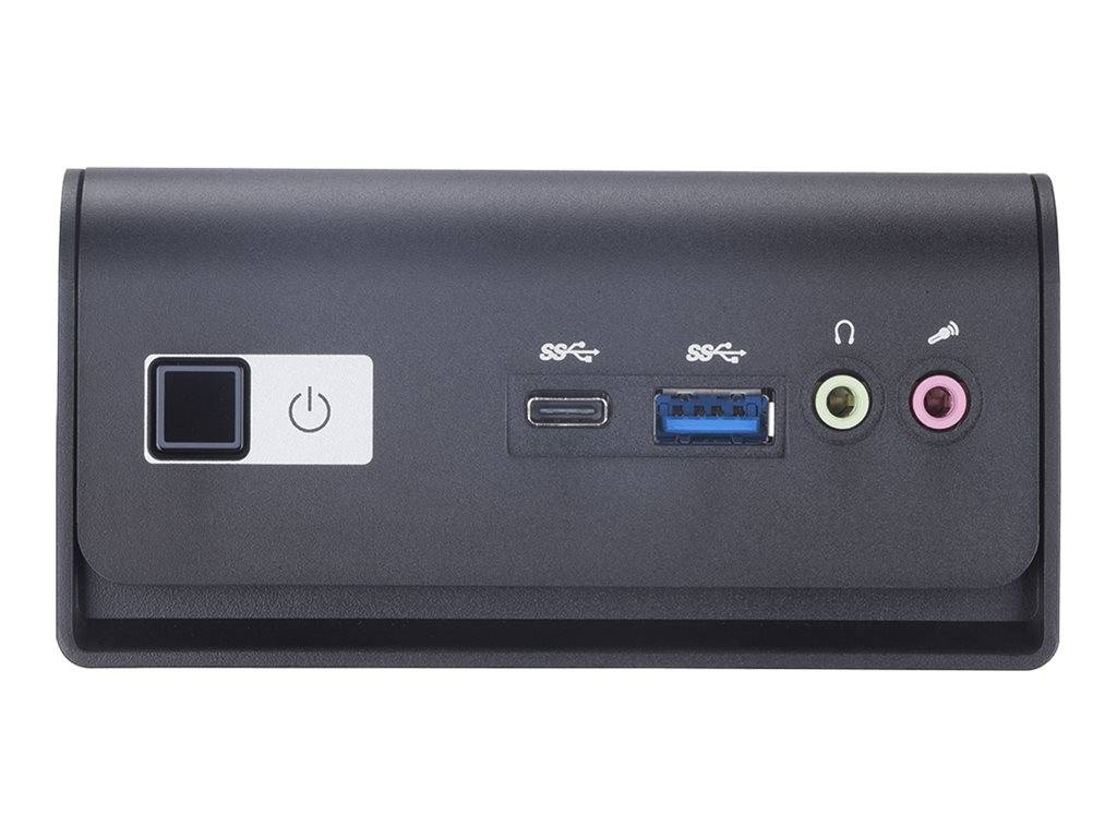 Vorderansicht einer schwarzen Computergeh­äuseplatte mit Ein-/Ausschalter, USB-C-Anschluss, USB-A-Anschluss sowie Kopfhörer- und Mikrofon-Audiobuchsen.
