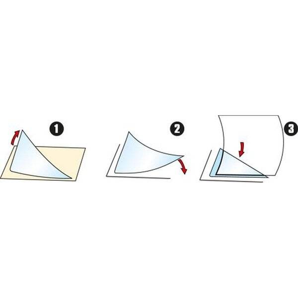 Dreigliedriges Diagramm, das zeigt, wie ein Blatt oder eine Ecke angehoben, gekrümmt und dann unter einem größeren Blatt nach unten gedrückt wird.