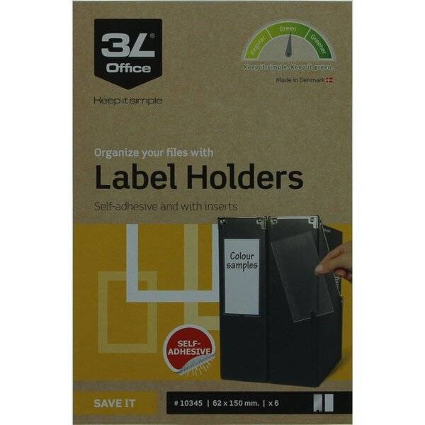 Schachtel mit 3L Office selbstklebenden Etikettenhaltern, 62 x 150 mm, 6er Packung, gezeigt mit Mustereinsätzen und einem roten „SELBSTKLEBEND