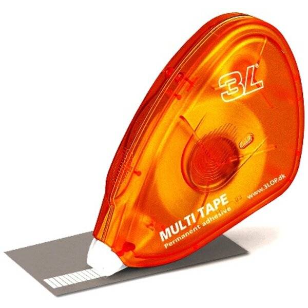 Orange 3L Multi Tape Klebebandspender mit grauem Klebebandstreifen auf weißem Hintergrund, der ein kleines Korrekturband-Werkzeug zeigt.
