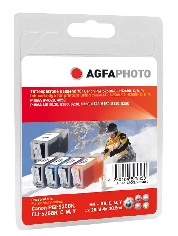 AGFAPHOTO Tintenpatronen-Set für Canon PIXMA Drucker, gekennzeichnet für schwarze und farbige Patronen, mit Produktfoto und Barcode.