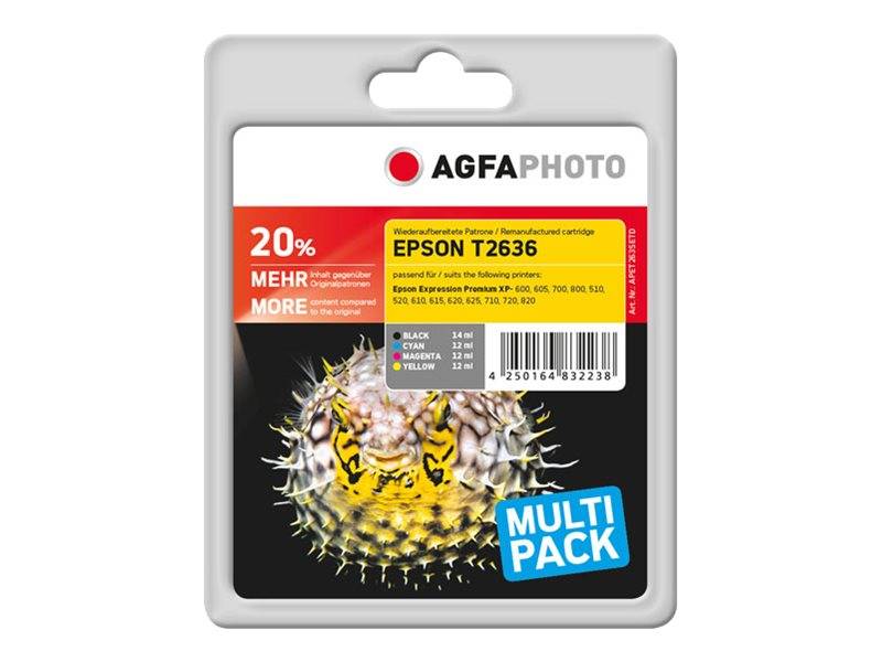 AGFAPHOTO Multipack Tintenpatrone für Epson T2636, mit 20% mehr Inhalt und Kompatibilitätsdetails auf dem Etikett.