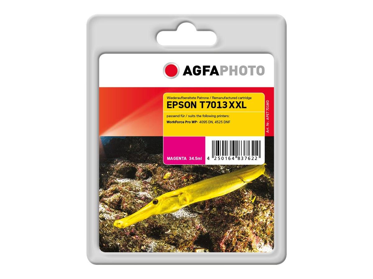AGFA PHOTO Epson T7013 XXL Magenta-Druckerpatrone mit gelbem Fischbild auf der Vorderseite.