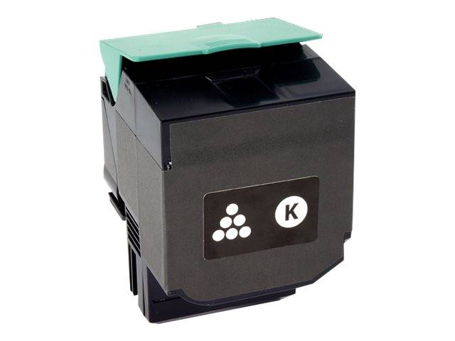 Schwarze Druckertonerkassette mit grünem Schutzdeckel, beschriftet mit einem weißen „K