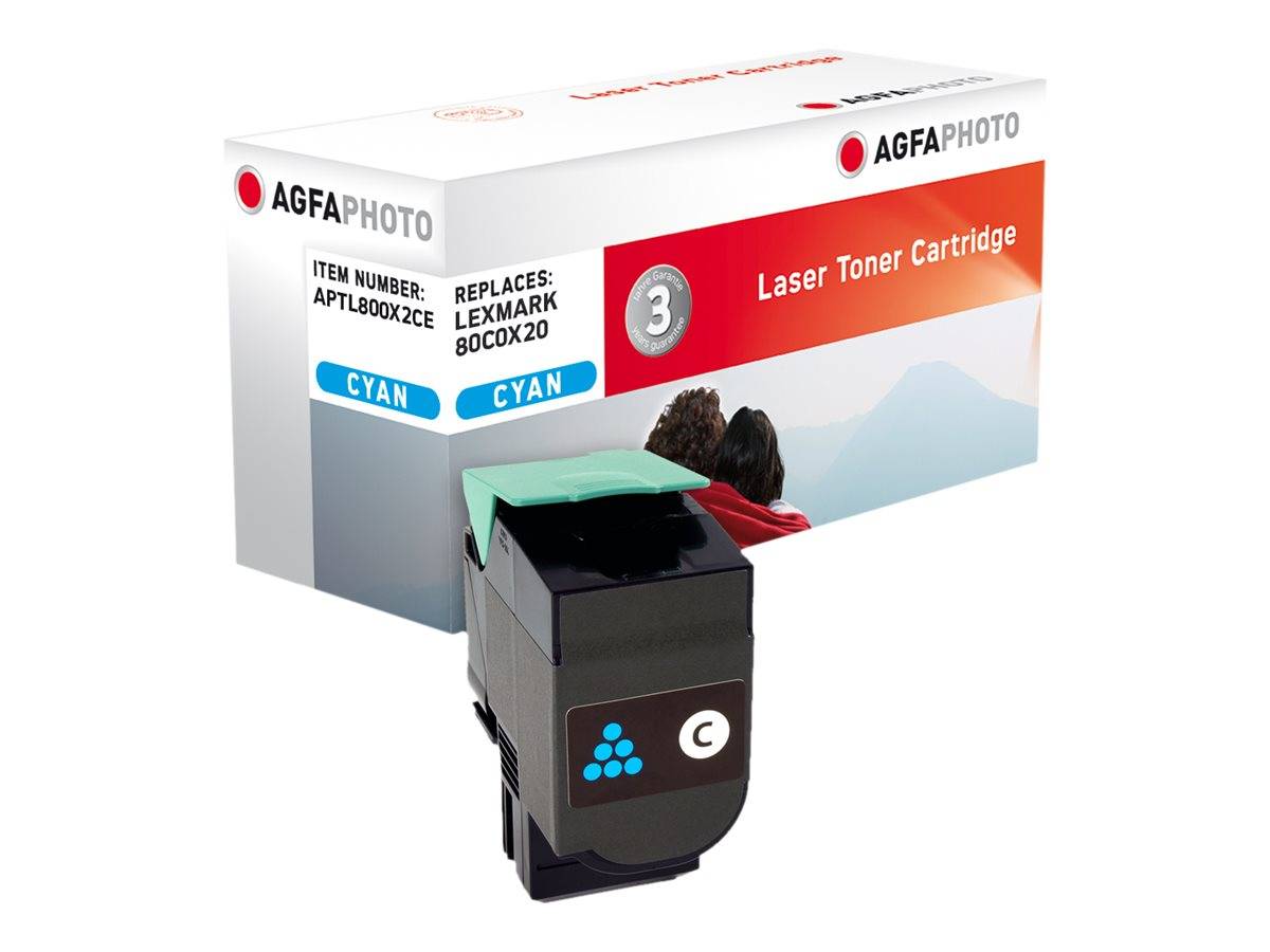 AGFAPHOTO Cyan-Lasertoner-Kartusche in Verpackung und Kartusche, mit Artikelnummer APTL800Y2CE gekennzeichnet und ersetzt Lexmark 80C0X20.
