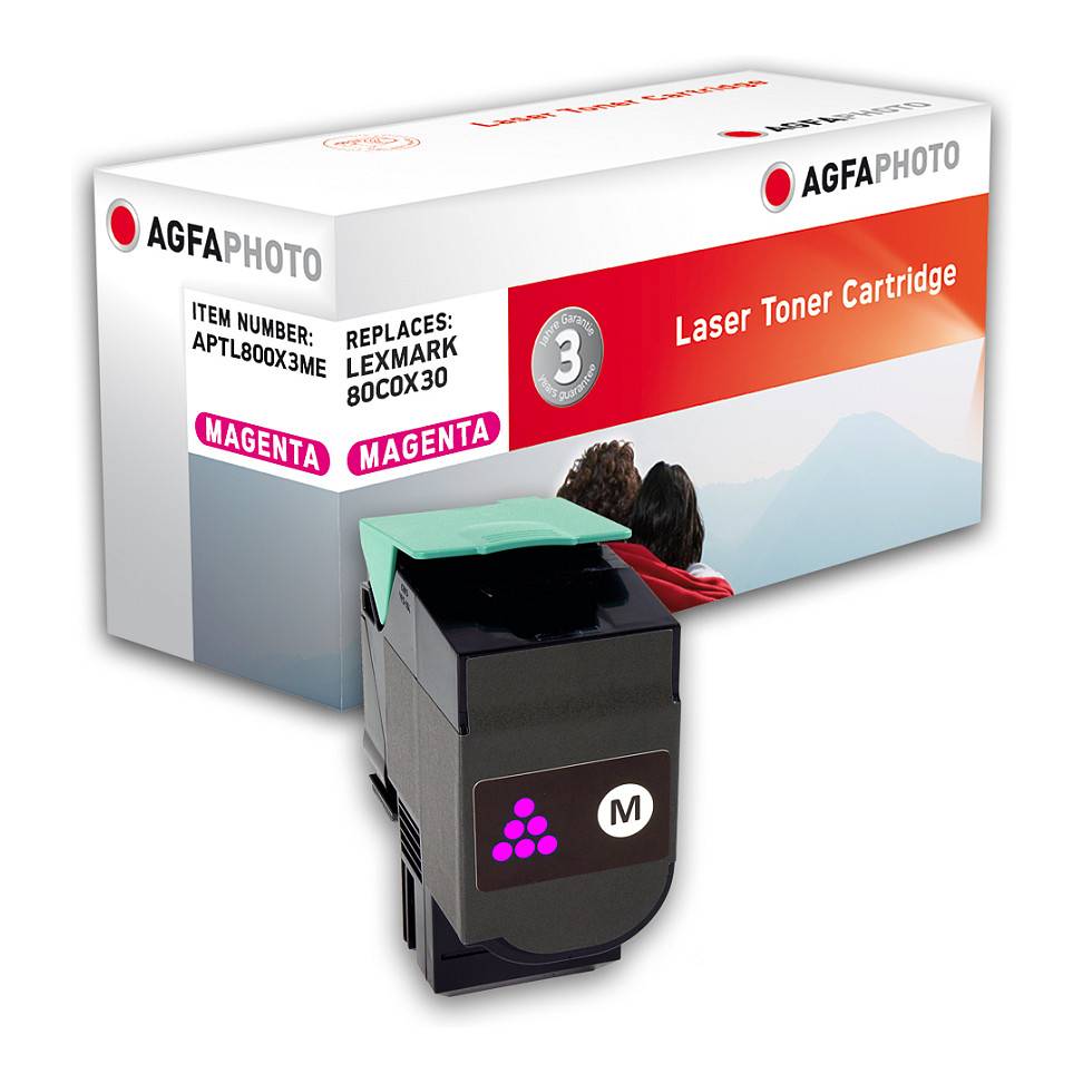 AGFAPHOTO Magenta-Lasertoner-Patrone vor ihrer Verpackung, gekennzeichnet mit der Artikelnummer APTL800X3ME und ersetzt Lexmark 80C0X30.