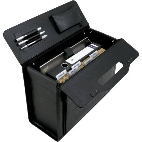 Schwarze Organizer-Aktentasche mit einer Deckeltasche für Stifte und Fächern für aufgerollte Dokumente und Ordner.