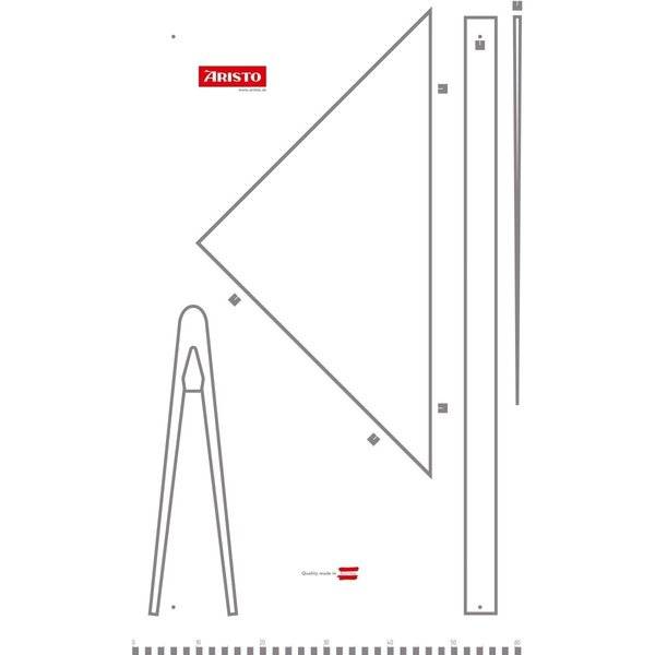 Aristo Geometrieset mit großem Dreieck, Lineal und Zirkelwerkzeugen auf weißem Hintergrund, gekennzeichnet mit dem Logo „ARISTO