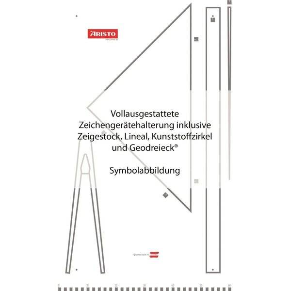 ARISTO Geometrie-Set Verpackung mit vollständigem Set bestehend aus Zirkel, Lineal, Kunststoffzirkel und Geodreieck; gekennzeichnet als „Symbolabbildung