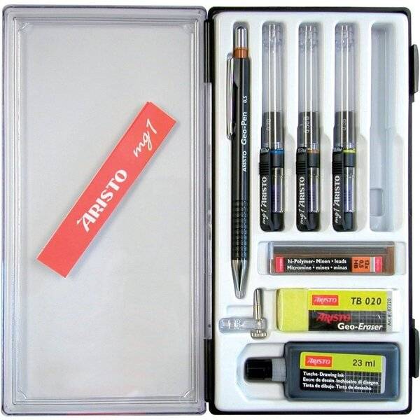 ARISTO Zeichenset in einer Kunststoffbox mit Minenbleistift, drei Nachfüllminen, Radierer, Minenbehälter und Tintenflasche.