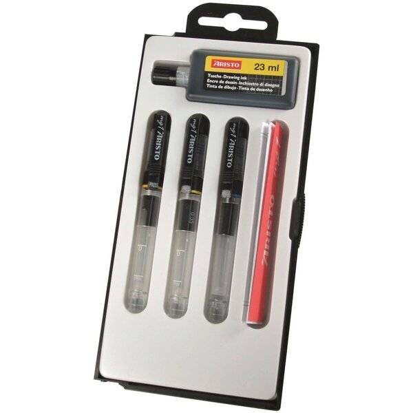 Aristo Zeichenstiftset in Blisterverpackung mit drei schwarzen Stiften, einem roten Stift und einer 23-ml-Tintenpatrone