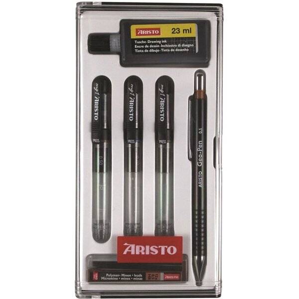 ARISTO Zeichenset in durchsichtigem Kunststoffetui, mit drei schwarzen Tintenstiften, einem Druckbleistift und einer 23-ml-Flasche Tusche.