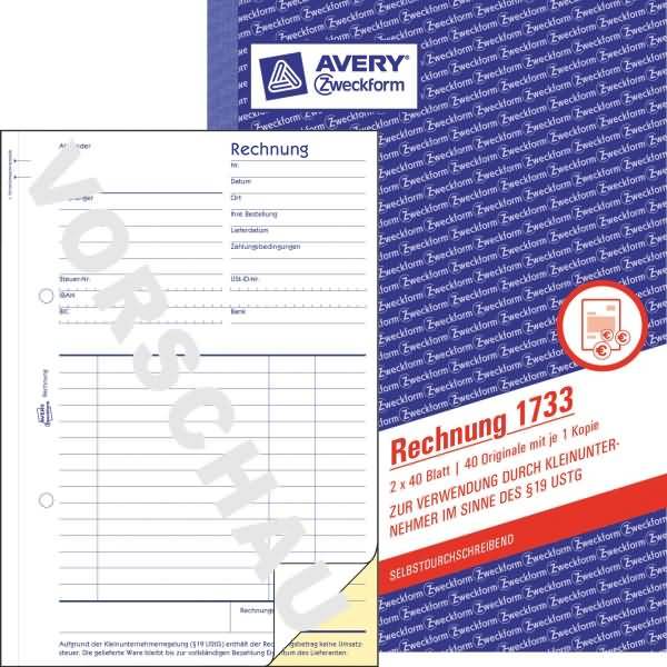 AVERY ZWECKFORM - Avery Rechnung 1733 A5 2x40 Blatt, 40 Blätter, A5, Weiß, Gelb, 148 mm, 210 mm