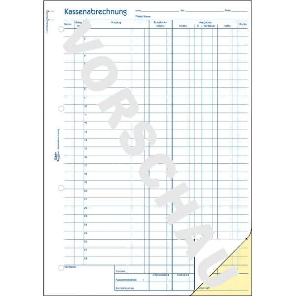 Formularbuch Kassenabrechnung A4 mit MwSt.-Spalte 2x40 Blatt mit Ausfüllhilfe