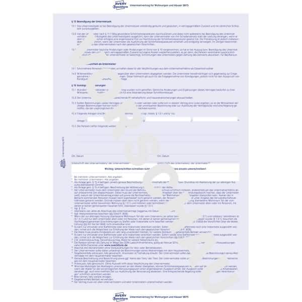 Untermietvertrag A4 selbstdurchschreibend 2-seitig