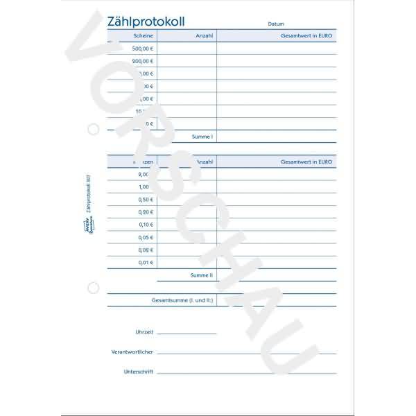 Kassenformular Zählprotokoll A5 VE=50 Blatt