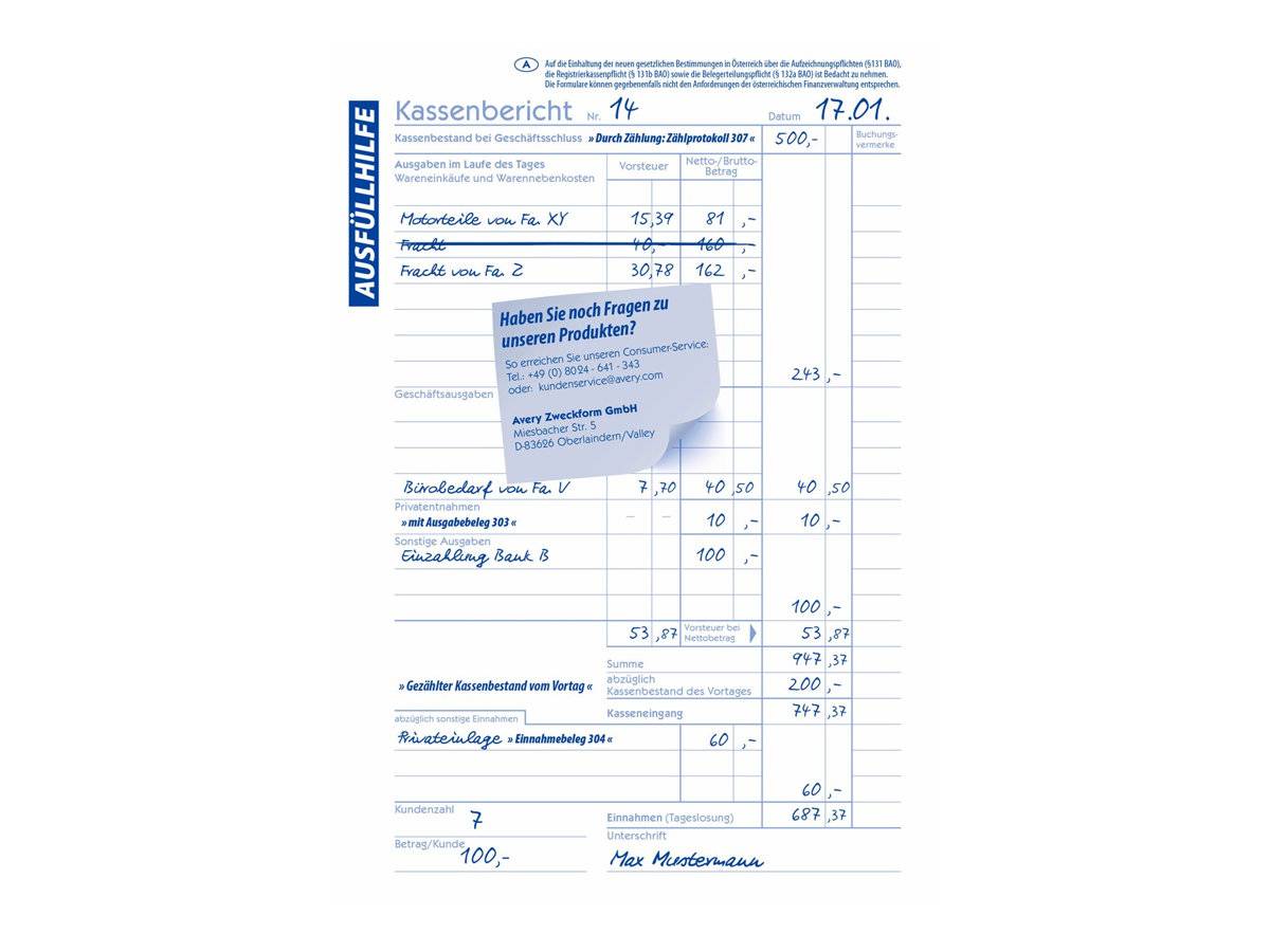 Avery Zweckform - Kassenbericht - 50 Blatt - A5