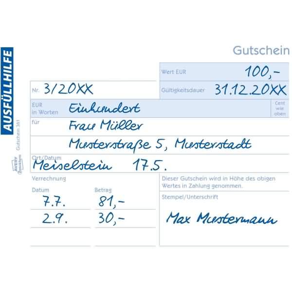 Formularbuch Gutschein A6 quer fälschungssicher 2x50 Blatt mit Ausfüllhilfe