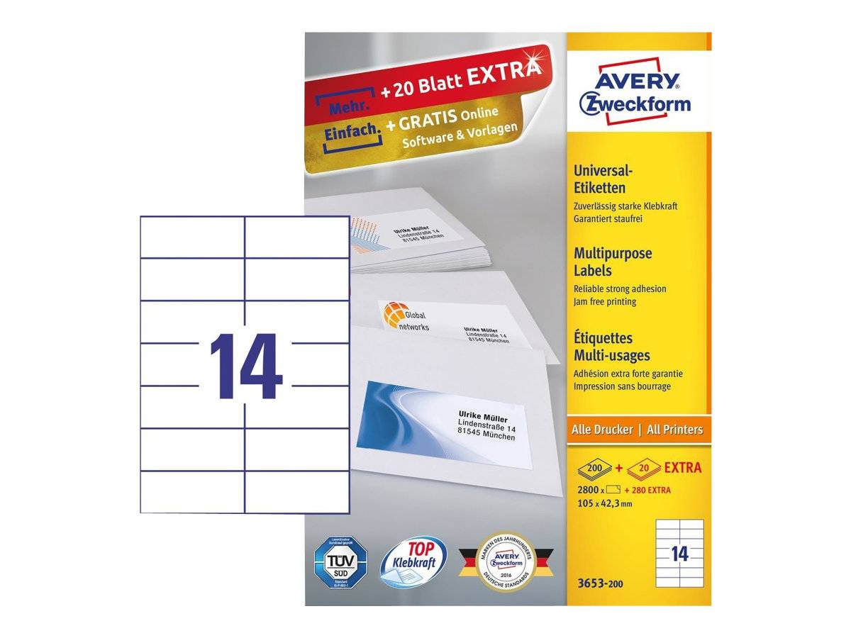 Avery Zweckform 3653 - Papier - permanenter Klebstoff - weiß - 105 x 42.3 mm 2800 Etikett(en) (200 Bogen x 14)
