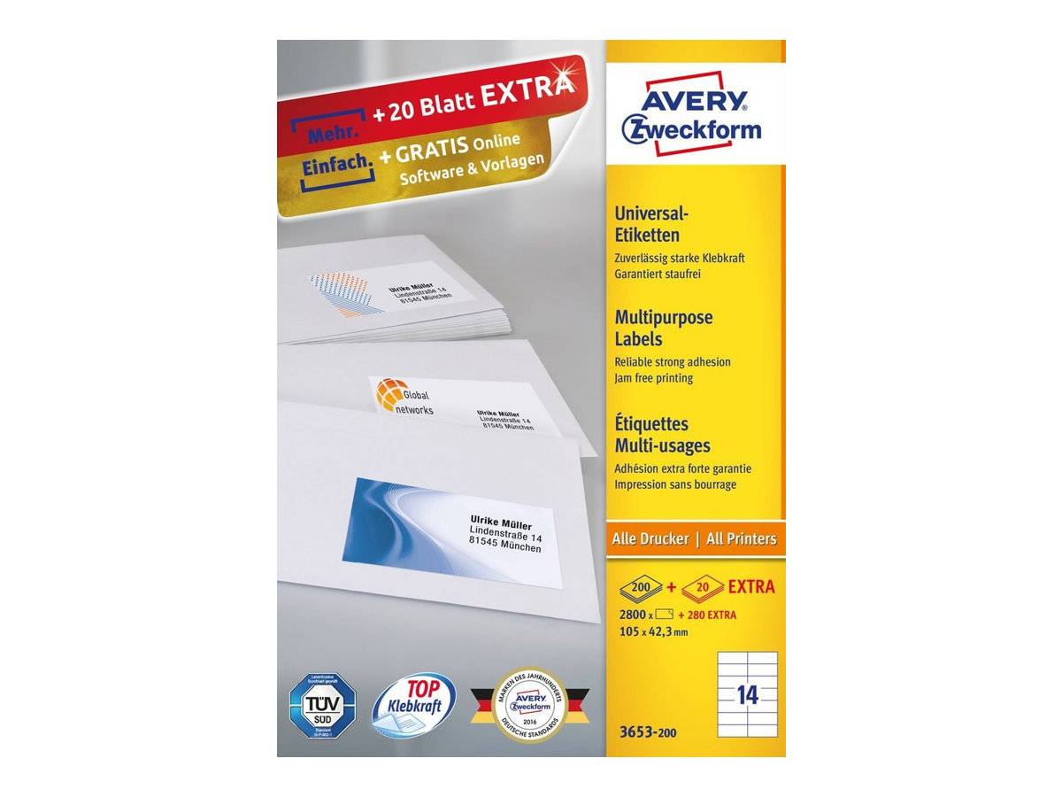 Avery Zweckform 3653 - Papier - permanenter Klebstoff - weiß - 105 x 42.3 mm 2800 Etikett(en) (200 Bogen x 14)