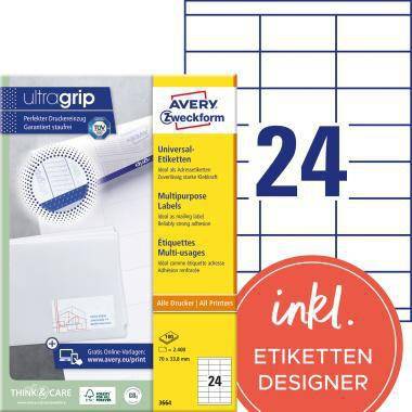 Verpackung für Avery Zweckform Universaletiketten, mit 24 Blättern und „inkl. ETIKETTEN DESIGNER