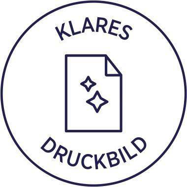 Zirkuläres Logo mit der Aufschrift „KLARES DRUCKBILD