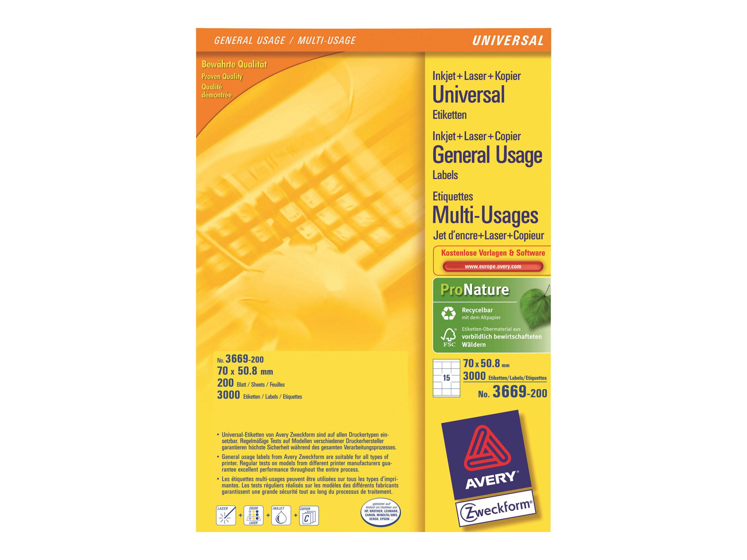 Avery Zweckform 3669 - Klebstoff - weiß - 50.8 x 70 mm 3000 Etikett(en) (200 Bogen x 15)