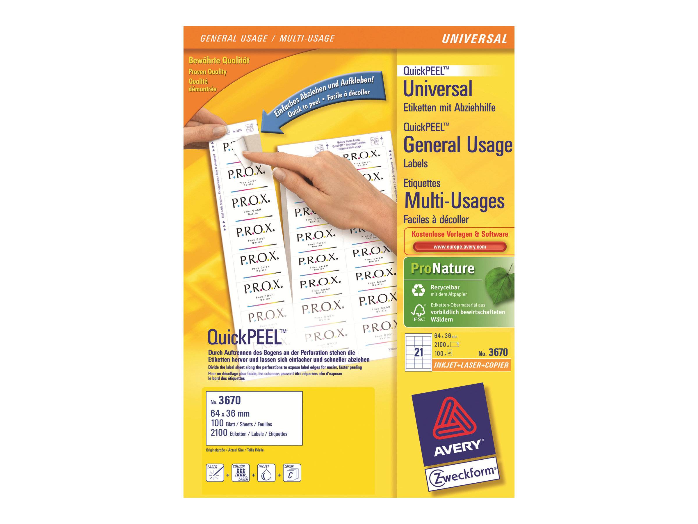 Avery Zweckform 3670 - Weiß - 36 x 64 mm 2100 Etikett(en) (100 Bogen x 21)