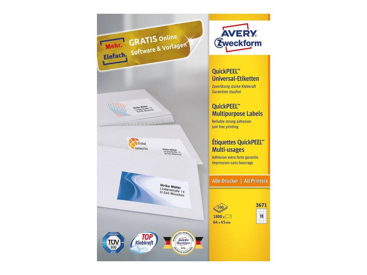 AVERY ZWECKFORM - Avery - Selbstklebend - weiß - 64 x 45 mm 1800 Stck. (100 Bogen x 18)